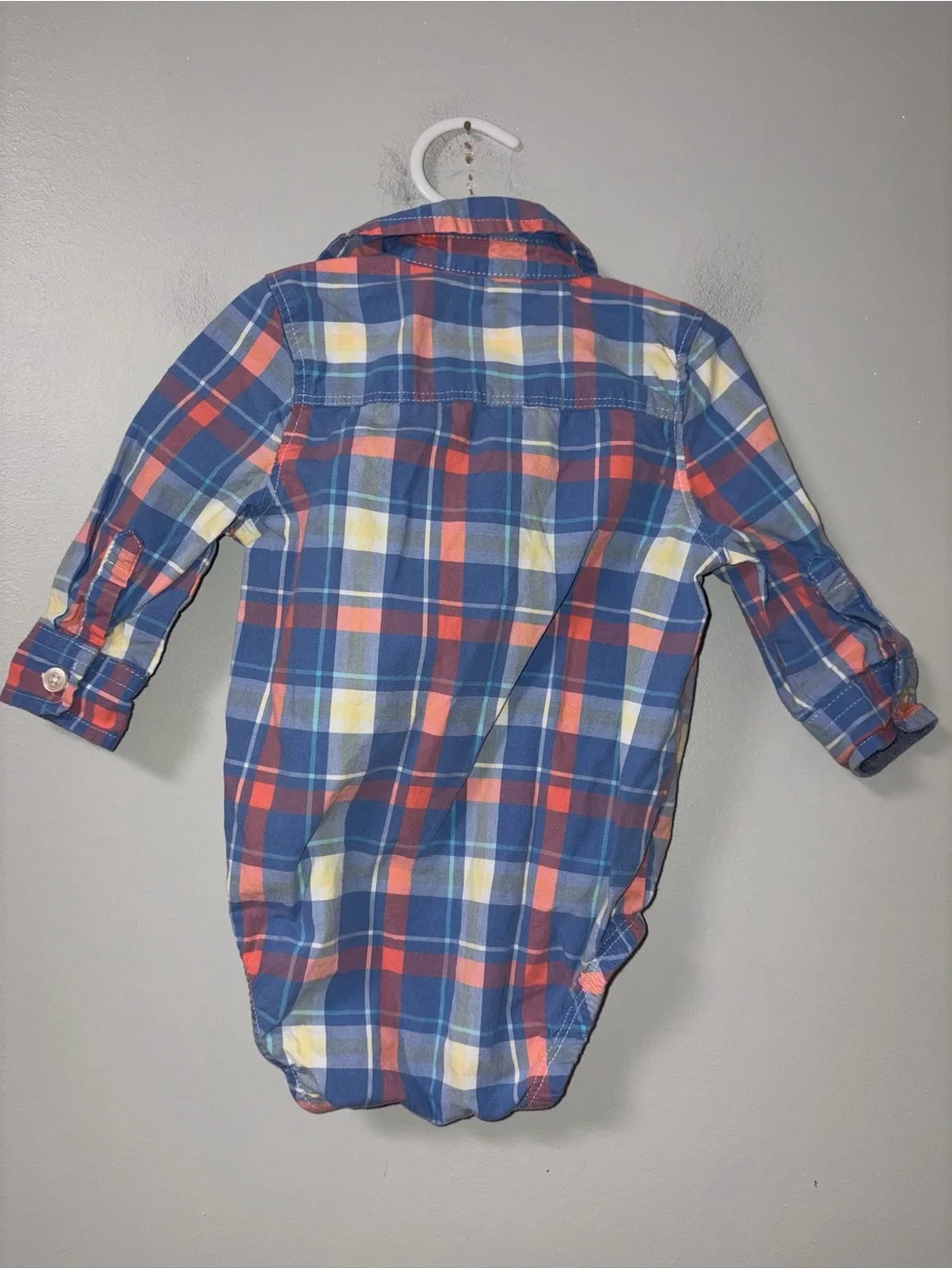 Oshkosh B’gosh Blue & Coral Plaid Bubble Long Sleeve Romper Boys 6M